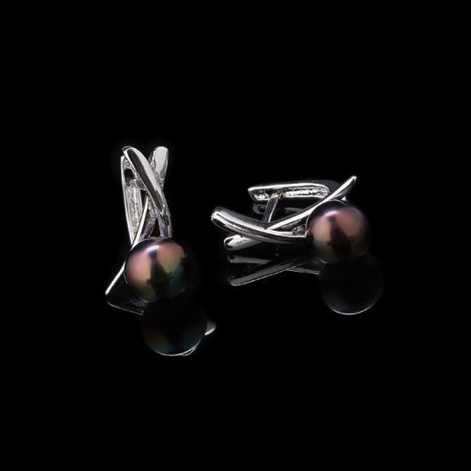 Сережки Лінда чорні перли в родії, зображення 2